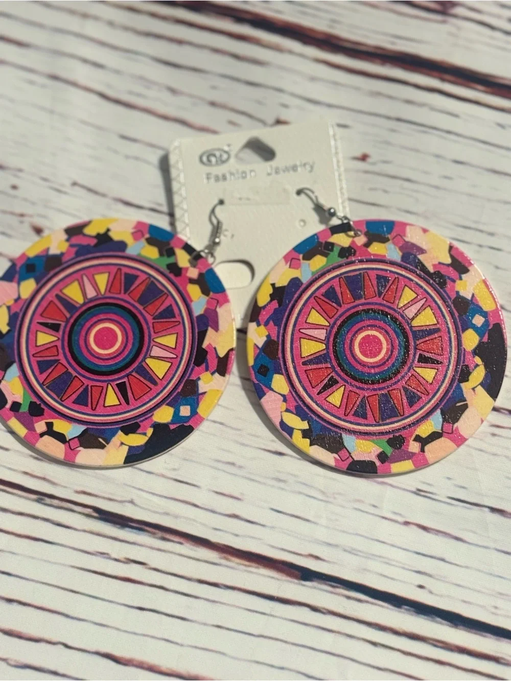 Colorful Boho Mandala Wooden Statement Earrings